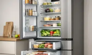 Otwarta, nowoczesna lodówka Samsung No Frost z szufladami pełnymi świeżych produktów. Dowiedz się, jak zresetować lodówkę Samsung No Frost.