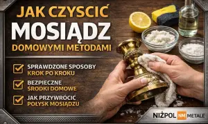 Jak wyczyścić mosiądz domowymi metodami? Na zdjęciu widać mosiężny świecznik, który jest polerowany ściereczką. Obok leżą cytryna, sól i płyn.