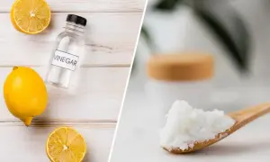 Cytryna i ocet to domowe sposoby, czym wyczyścić przypalone żelazko. Na łyżce soda oczyszczona.