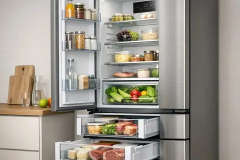 Otwarta, nowoczesna lodówka Samsung No Frost z szufladami pełnymi świeżych produktów. Dowiedz się, jak zresetować lodówkę Samsung No Frost.