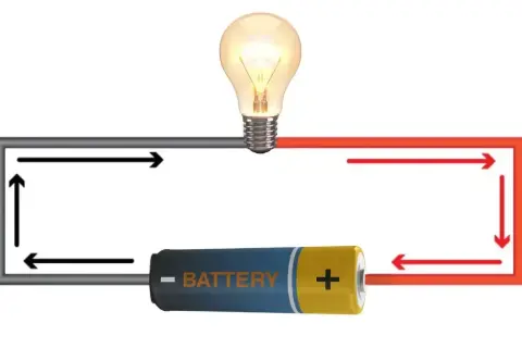 Obwód elektryczny z żarówką i baterią. Strzałki pokazują przepływ prądu, ilustrując napięcie jednostka.