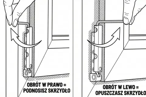 Instrukcja regulacji okien na zimę: obrót kluczem w prawo podnosi skrzydło, w lewo opuszcza.