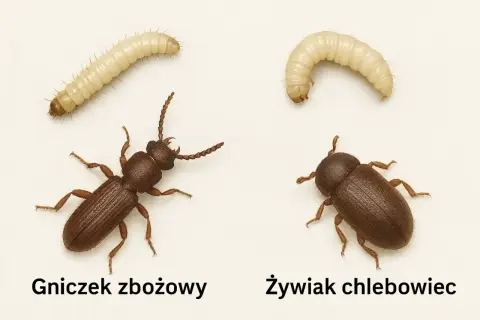 Dwa małe robaczki: larwa i dorosły żywiak chlebowiec obok gniczka zbożowego.
