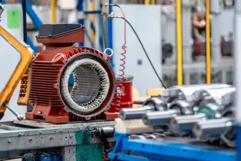Część silnika elektrycznego, gdzie widoczny jest wzór na moc. W tle linie produkcyjne.