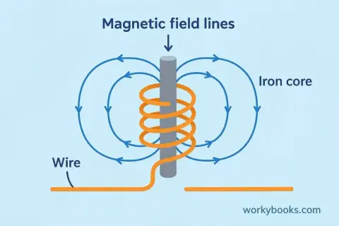 Schemat budowy elektromagnesu: drut nawinięty na rdzeń żelazny, wokół którego widoczne są linie pola magnetycznego.