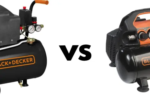 Porównanie: kompresor olejowy czy bezolejowy? Dwa urządzenia Black+Decker, jedno z widocznymi manometrami, drugie bardziej kompaktowe.