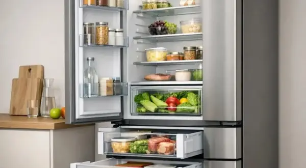 Otwarta, nowoczesna lodówka Samsung No Frost z szufladami pełnymi świeżych produktów. Dowiedz się, jak zresetować lodówkę Samsung No Frost.