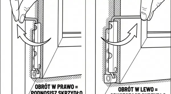 Instrukcja regulacji okien na zimę: obrót kluczem w prawo podnosi skrzydło, w lewo opuszcza.