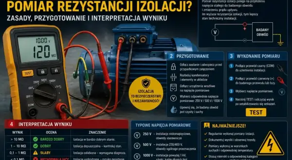 Multimetr mierzy rezystancję izolacji silnika elektrycznego. Wynik 120 MΩ wskazuje na dobrą izolację.