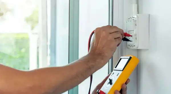 Elektryk mierzy impedancję pętli zwarcia za pomocą miernika.