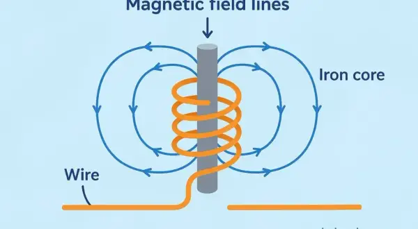 Schemat budowy elektromagnesu: drut nawinięty na rdzeń żelazny, wokół którego widoczne są linie pola magnetycznego.