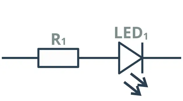 Schemat obwodu: rezystor R1 i dioda LED1 w połączenie szeregowe.