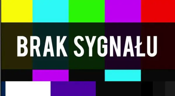 Na ekranie telewizora wyświetla się komunikat "BRAK SYGNAŁU" na tle kolorowych pasów.