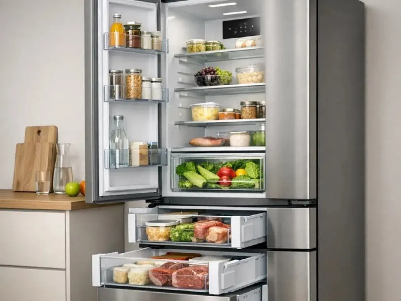 Otwarta, nowoczesna lodówka Samsung No Frost z szufladami pełnymi świeżych produktów. Dowiedz się, jak zresetować lodówkę Samsung No Frost.