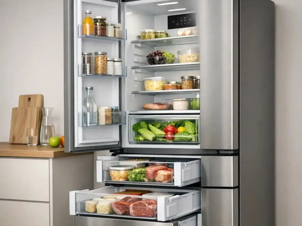 Otwarta, nowoczesna lodówka Samsung No Frost z szufladami pełnymi świeżych produktów. Dowiedz się, jak zresetować lodówkę Samsung No Frost.