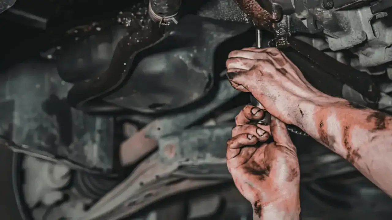Brudne ręce mechanika pracującego pod samochodem, zastanawiającego się, jaki smar do przegubów będzie najlepszy.