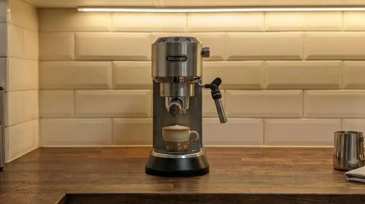 Ekspres DeLonghi z filiżanką kawy. Czas na odkamienianie ekspresu octem, by cieszyć się idealnym smakiem.
