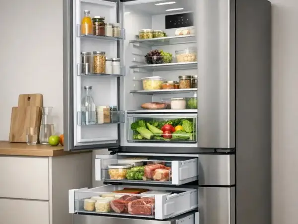 Otwarta, nowoczesna lodówka Samsung No Frost z szufladami pełnymi świeżych produktów. Dowiedz się, jak zresetować lodówkę Samsung No Frost.