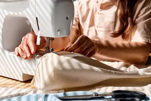 Ręce kobiety szyją na maszynie. Powstaje delikatna tkanina, może to będzie woal na sukienkę?